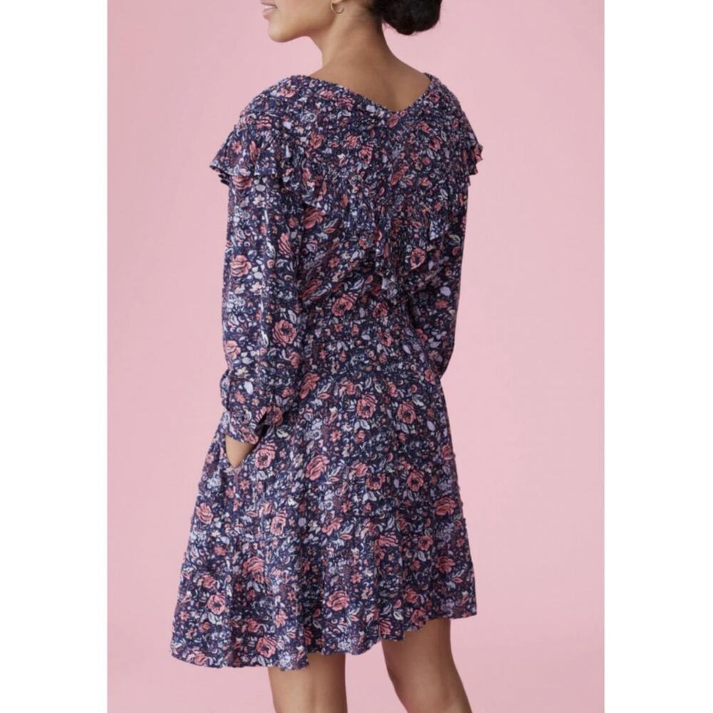 La Vie Rebecca Taylor Toile Flower Block Print Ruffle Trim Mini Dress S - Picture 3 of 10